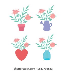 set of roses on objects vector illustration design