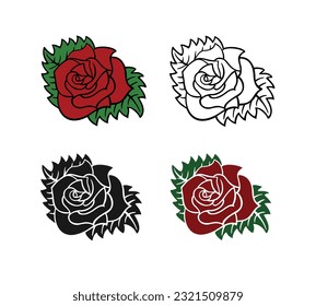Conjunto de rosas sobre fondo blanco con hojas. Tatuaje de rosa. Vector.