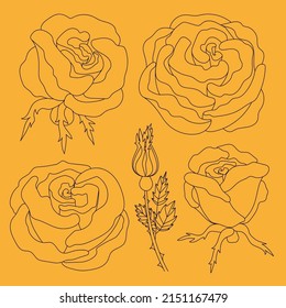 Set of roses on a yellow background. Line illustration of roses. Texture for printing and interior decor.