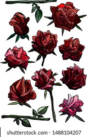 Set of roses, pink and red flowers and buds, cartoon, isolated on a white background, invitations, cards, children's games, children's books, flower shop, gifts, love, romance, botany, stickers, roses