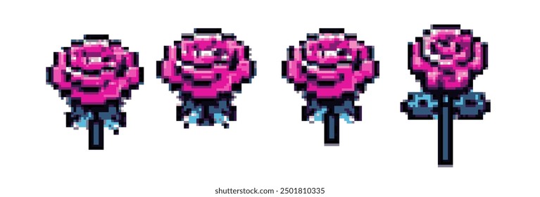 Set of roses in pixel art lo-fi retro style for video game items design.