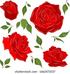 conjunto de rosas rojas y hojas para crear un patrón de composición flores ilustración vectorial