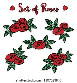 Set of roses, red rose and green leaves on white background. Collection for design and valentine greeting. Vector illustration.