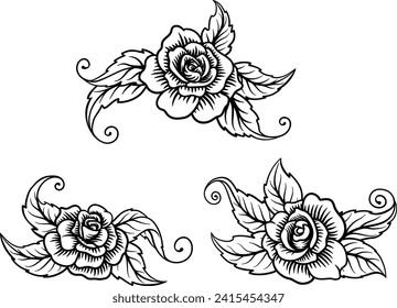 A set of roses or rose engraved woodcut etching tattoo designs