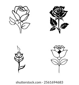 Set of roses silhouettes. Set of flat black Rose icon. Vector Art Beautiful Black and White Flowers Illustration. silhouette with leaves.