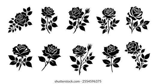 Set of roses silhouettes. Rose icon