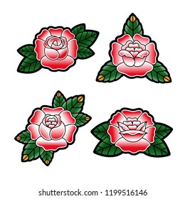 Set of roses in the style of the old school tattoo. Isolated on white background. Vector illustration.
