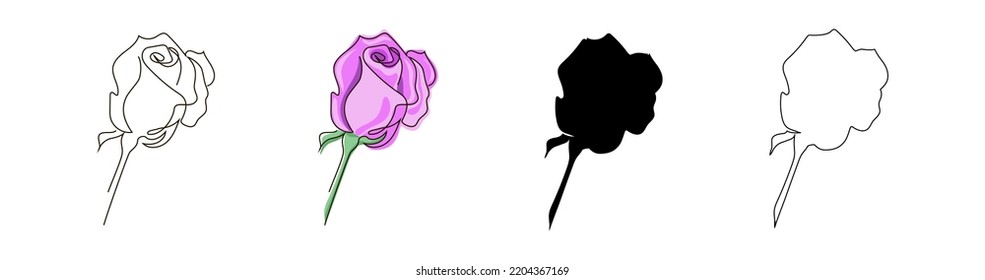 Conjunto de rosas en línea estilo-uno, doodle en color rosa, contorno y silueta negra. Rose bud. Ilustración vectorial de material aislada en fondo blanco.