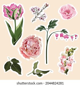Set aus Rosen, Tulpen und Frühlingsblumen. Set aus Aufklebern, Stiften, Pflastern und handgeschriebenen Noten-Sammelheften.
