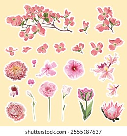 Set of roses, tulips and spring flowers elements. Set of stickers, pins, patches and handwritten notes collection stikers kit.