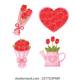 Set of roses for valentine's day , Valentine's banner 
