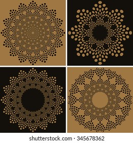 A set of rosettes, laces of dots, stylized flowers of grains, or royal like medallions, in a black and gold palette.