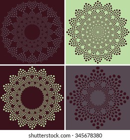 A set of rosettes, laces of dots, stylized flowers of grains, or royal like medallions, in a dark wine color palette.