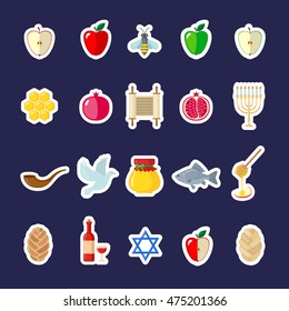 Set of Rosh Hashanah stickers in flat style. Shana Tova or Jewish New year symbols. Vector illustration.