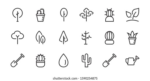 A set of Rosteniya Icons, and garden care, Vector illustration, Contains Icons such as tree, cactus, watering can, spade, flower and much more. on a white background, editable bar 48x48.