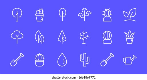  A set of Rosteniya Icons, and garden care, Vector illustration, Contains Icons such as tree, cactus, watering can, spade, flower and much more. on a white background, editable bar 480x480.