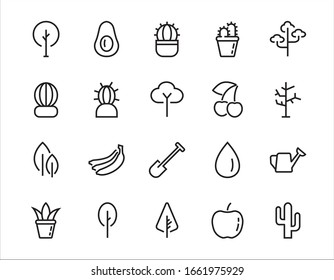  A set of Rosteniya Icons, and garden care, Vector illustration, Contains Icons such as tree, cactus, watering can, spade, flower and much more. on a white background, editable bar 480x480.