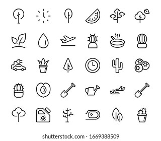  A set of Rosteniya Icons, and garden care, Vector illustration, Contains Icons such as tree, cactus, watering can, spade, flower and much more. on a white background, editable bar 480x480.