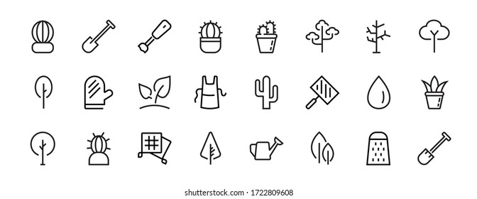 A set of Rosteniya Icons, and garden care, Vector illustration, Contains Icons such as tree, cactus, watering can, spade, flower and much more. on a white background, editable bar 480x480.