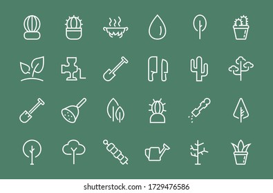 A set of Rosteniya Icons, and garden care, Vector illustration, Contains Icons such as tree, cactus, watering can, spade, flower and much more. on a white background, editable bar 480x480.