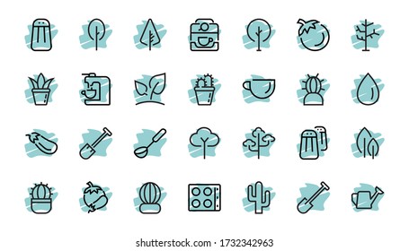 A set of Rosteniya Icons, and garden care, Vector illustration, Contains Icons such as tree, cactus, watering can, spade, flower and much more. on a white background, editable bar 480x480.