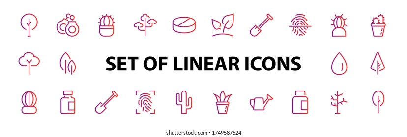 A set of Rosteniya Icons, and garden care, Vector illustration, Contains Icons such as tree, cactus, watering can, spade, flower and much more. on a white background, editable bar 480x480.
