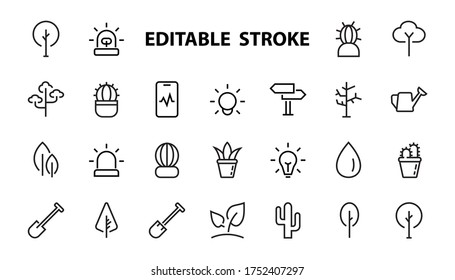 A set of Rosteniya Icons, and garden care, Vector illustration, Contains Icons such as tree, cactus, watering can, spade, flower and much more. on a white background, editable bar 480x480.