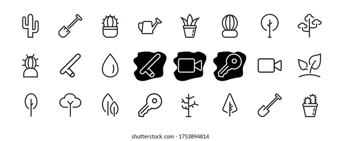 A set of Rosteniya Icons, and garden care, Vector illustration, Contains Icons such as tree, cactus, watering can, spade, flower and much more. on a white background, editable bar 480x480.