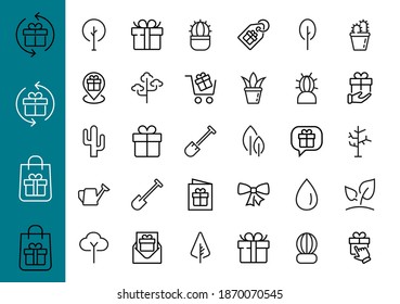A set of Rosteniya Icons, and garden care, Vector illustration, Contains Icons such as tree, cactus, watering can, spade, flower and much more. on a white background, editable bar 480x480.