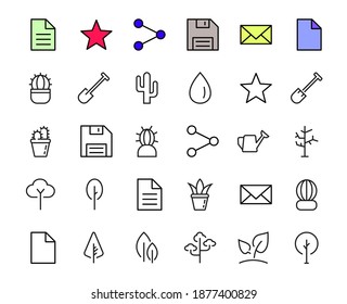 A set of Rosteniya Icons, and garden care, Vector illustration, Contains Icons such as tree, cactus, watering can, spade, flower and much more. on a white background, editable bar 480x480.