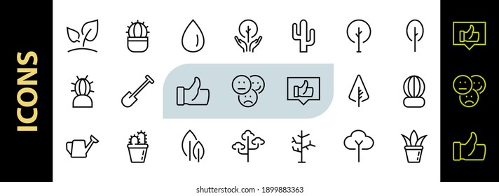 A set of Rosteniya Icons, and garden care, Vector illustration, Contains Icons such as tree, cactus, watering can, spade, flower and much more. on a white background, editable bar 480x480.