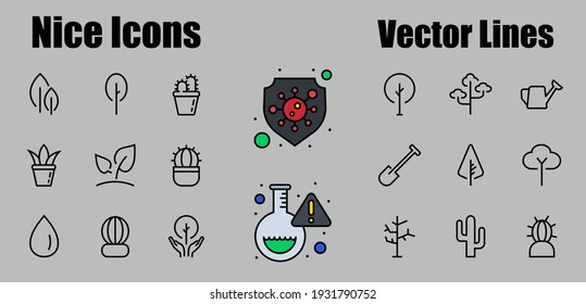 A set of Rosteniya Icons, and garden care, Vector illustration, Contains Icons such as tree, cactus, watering can, spade, flower and much more. on a white background, editable bar 480x480.