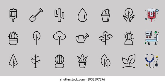 Un conjunto de Iconos de Rosteniya, y cuidado de jardín, ilustración vectorial, contiene iconos como árbol, cactus, lata de agua, pala, flor y mucho más. en fondo blanco, barra editable 480x480.