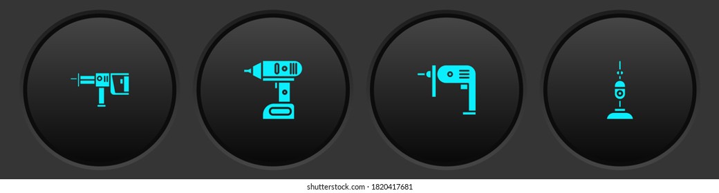Rotary-Hammer-Bohrmaschine, Elektrischer schnurloser Schraubendreher und Staubsauger-Symbol einrichten. Vektorgrafik.