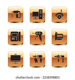 Set Rotary hammer drill machine, Computer monitor, Nail gun, Electric hot glue, House intercom system and circular saw icon. Vector
