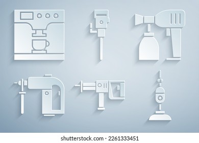 Ponga la máquina de perforación de martillo rotario, la pistola de aerosol de pintura, el limpiador de vacío, el jackhammer de construcción y el icono de café y taza. Vector