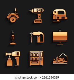 Set Rotary hammer drill machine, Vending, Electric planer tool, Computer monitor, Paint spray gun and Vacuum cleaner icon. Vector