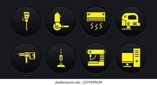 Set Rotary hammer drill machine, Electric jigsaw, Vacuum cleaner, Sewing, Air conditioner and Angle grinder icon. Vector