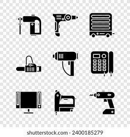Set Rotary hammer drill machine, Electric, heater, Smart Tv, construction stapler and cordless screwdriver icon. Vector