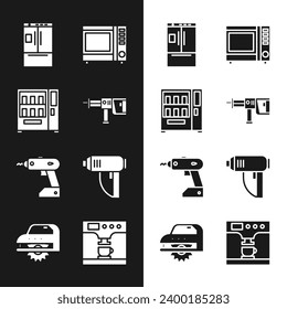 Indique la máquina de perforación de martillo rotario, Vending, Refrigerador, horno de microondas, destornillador inalámbrico eléctrico e icono de secadora industrial. Vector