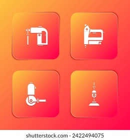 Set Rotary hammer drill machine, Electric construction stapler, Angle grinder and Vacuum cleaner icon. Vector