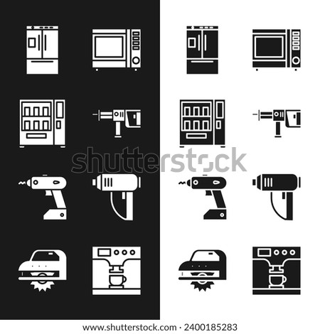 Set Rotary hammer drill machine, Vending, Refrigerator, Microwave oven, Electric cordless screwdriver and industrial dryer icon. Vector