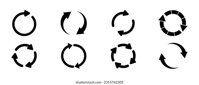 Set of rotate arrows vector icons. Recycle, reload, refresh sign. Black circular arrow. Repeat arrow.