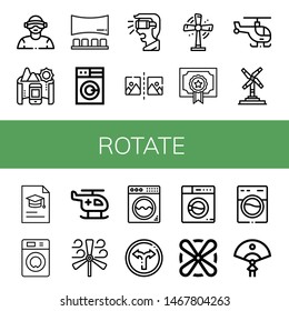 Set of rotate icons such as Virtual reality, Panorama, Washing machine, Flip, Turbine, Degree, Helicopter, Wind turbine, Turn, Fan , rotate