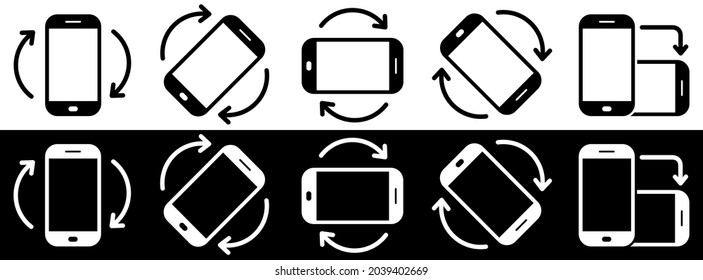 Set of rotate smartphone vector icons. Mobile phone screen rotation. Device rotation signs, rotate smartphone. Horizontal or vertical rotation symbols. Vector illustration.