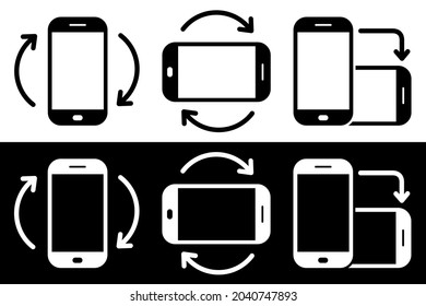 Conjunto de iconos vectoriales de smartphone de rotación. Rotación de pantalla de teléfono móvil. Señales de rotación del dispositivo, girar el smartphone. Símbolos de rotación horizontal o vertical. Ilustración vectorial.