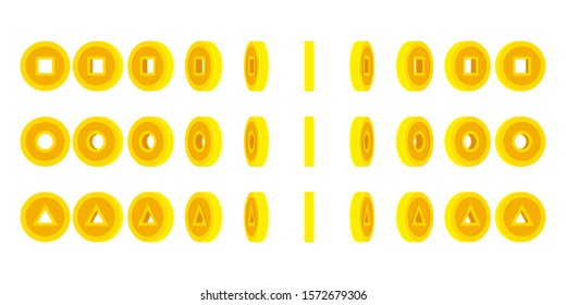 Set of rotating coins with holes. Vector sprite sheet isolated on white background. Can be used for GIF animation 