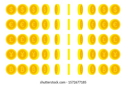 Set of rotating coins with popular currency symbols. Vector sprite sheet isolated on white background. Can be used for GIF animation 