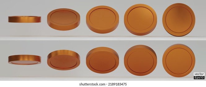 Set of rotating copper coins in different angles isolated on white background. Bronze medal set. Use for gambling games, jackpot Cash treasure concept. 3d vector illustration.