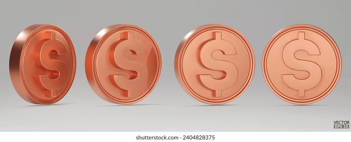 Set of rotating copper dollar coins in different angles isolated on background. Copper money set. Use for gambling games, jackpot Cash treasure concept. 3d vector illustration.